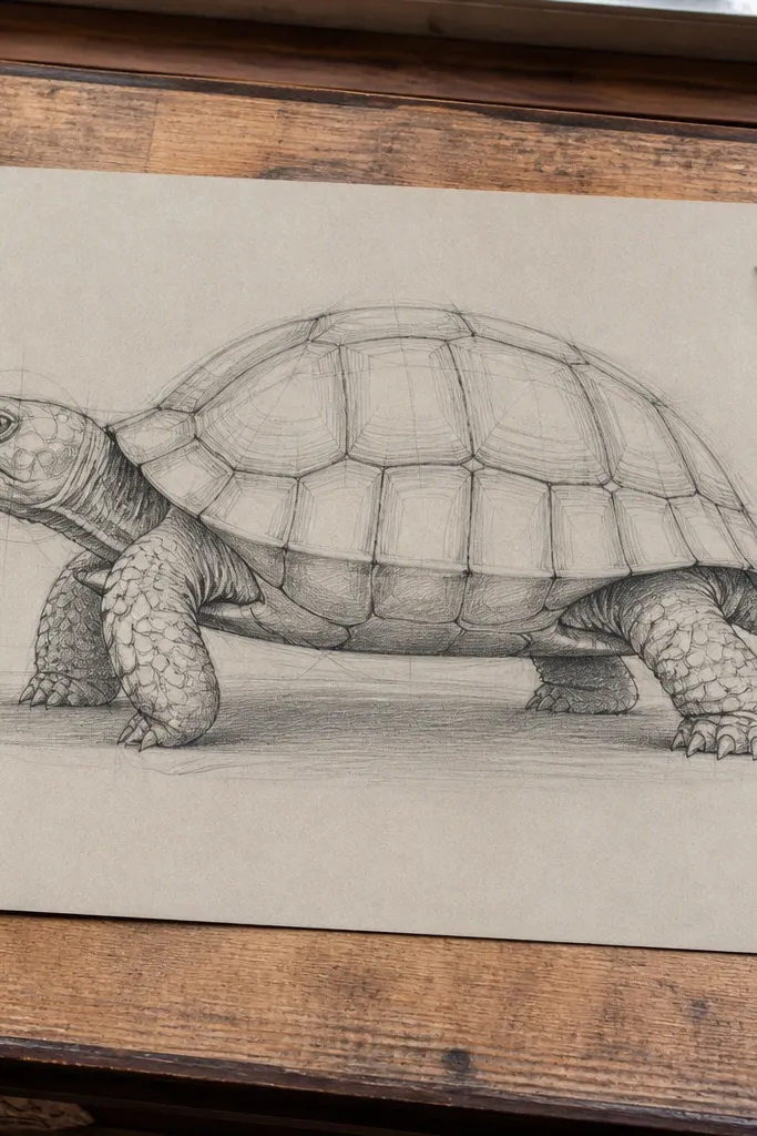Side-view sea turtle sketch with pencil lines for shell ridges and flippers.