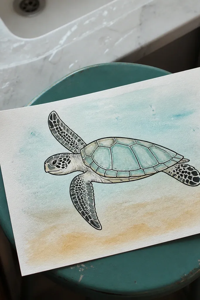 Sea turtle outline drawn with marker and faint color wash on the shell and flippers.