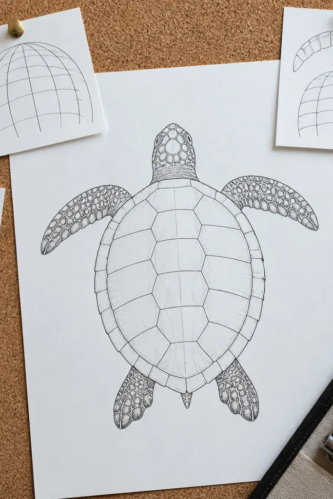Sea turtle with a shell pattern made from simple curved bands and a grid-like layout.
