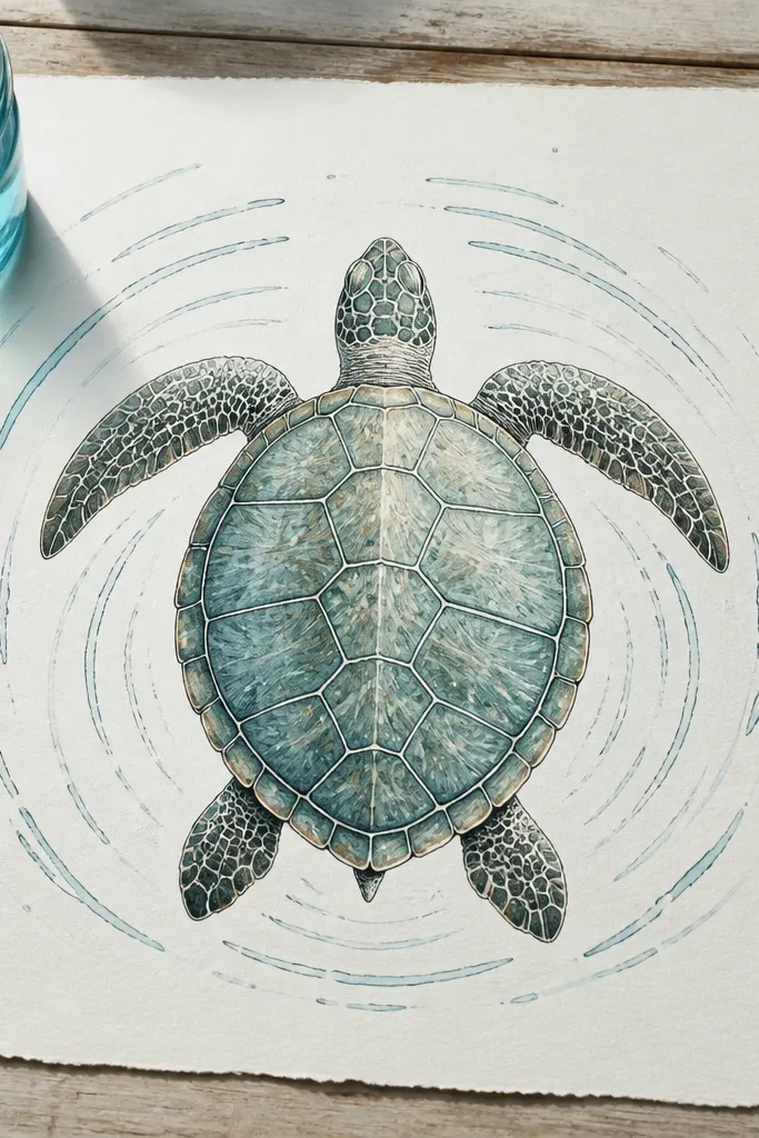 Top-down sea turtle seen from above with shell ridges and simple water ripple lines around it.