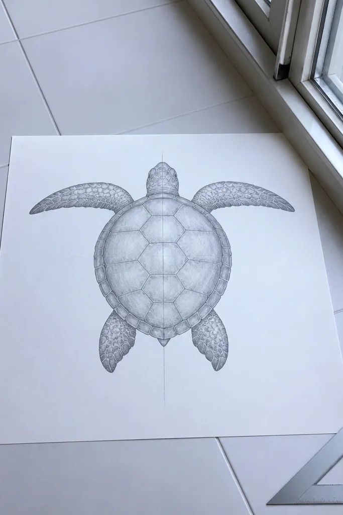 Sea turtle with symmetrical flippers and a simple shell outline in pencil.