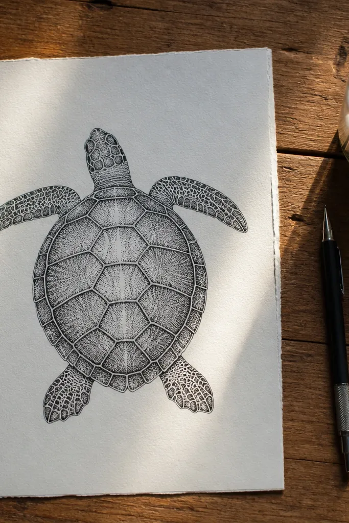 Sea turtle with a shell texture made from dots that turn into curved scute lines.
