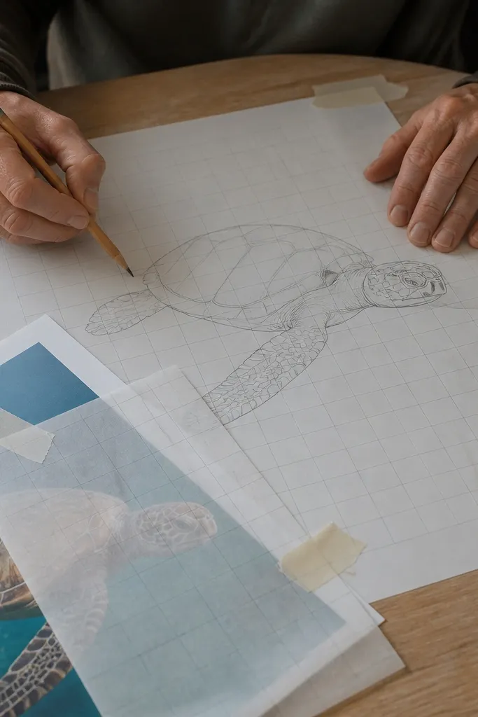 Sea turtle drawing transferred using a simple grid with a clean final outline.
