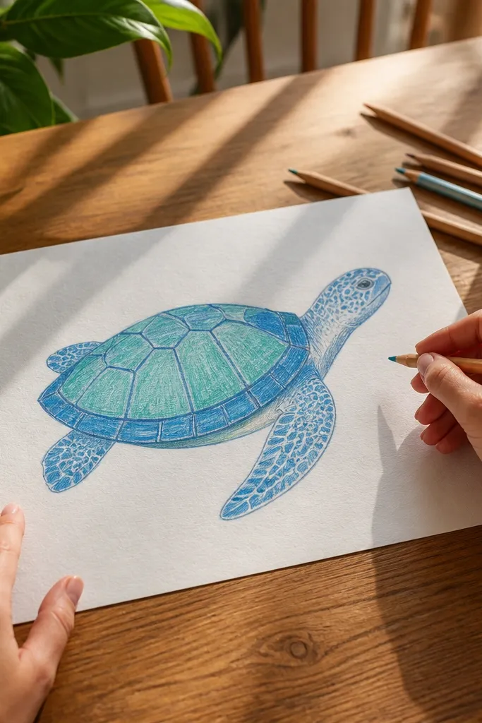 Sea turtle colored with two tones on the shell and simple shading under flippers.