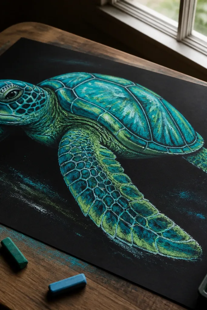 Sea turtle drawn with chalk pastel on dark paper with bright shell ridges and flippers.