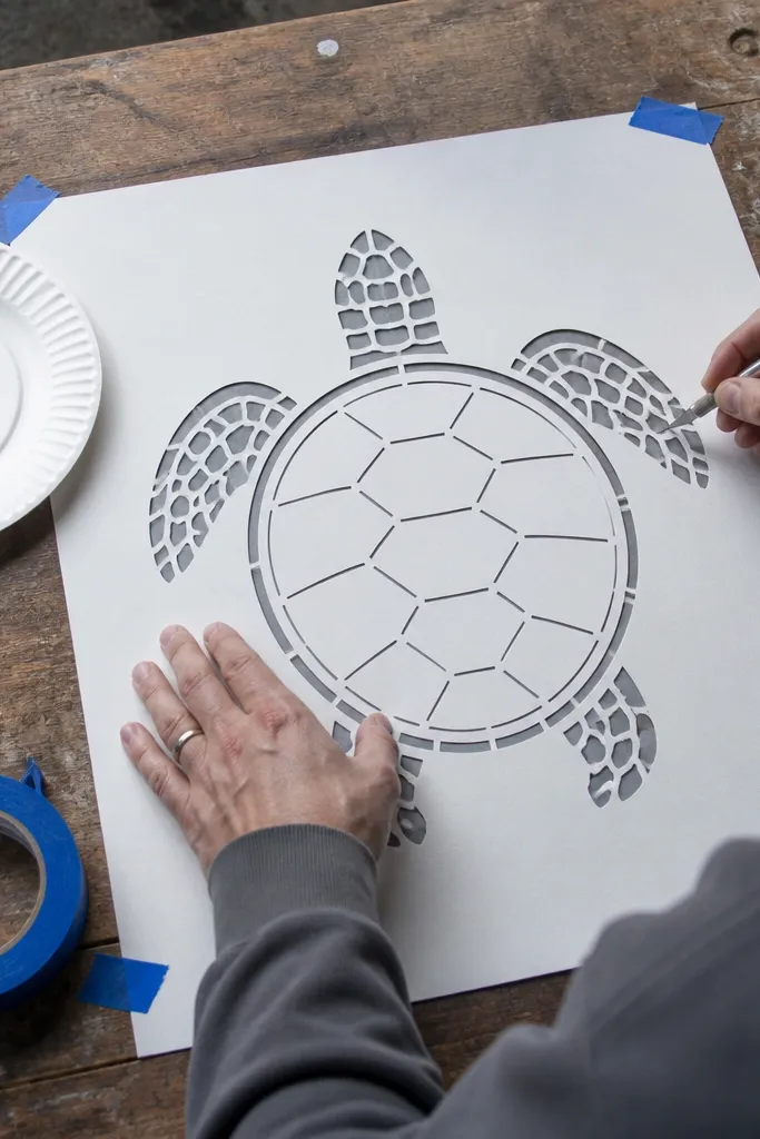 Sea turtle outline using a simple stencil pattern for the shell ridges.