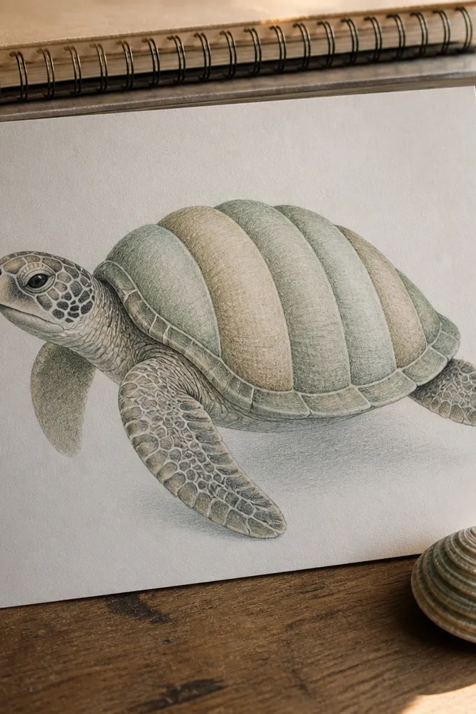 Sea turtle with a shell pattern made from exactly six curved ridges and simple coloring.
