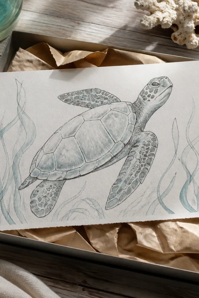 Sea turtle sitting among simple seaweed lines and a few water bubbles.