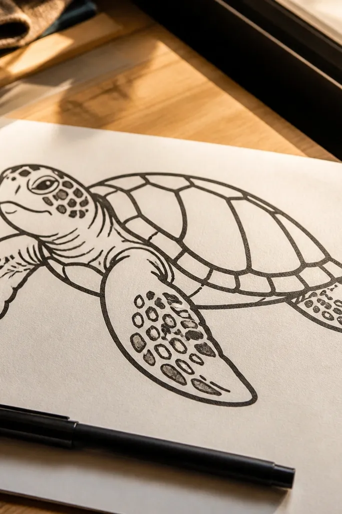 Sea turtle with thick outline, chubby rounded flippers, and minimal shell ridges.