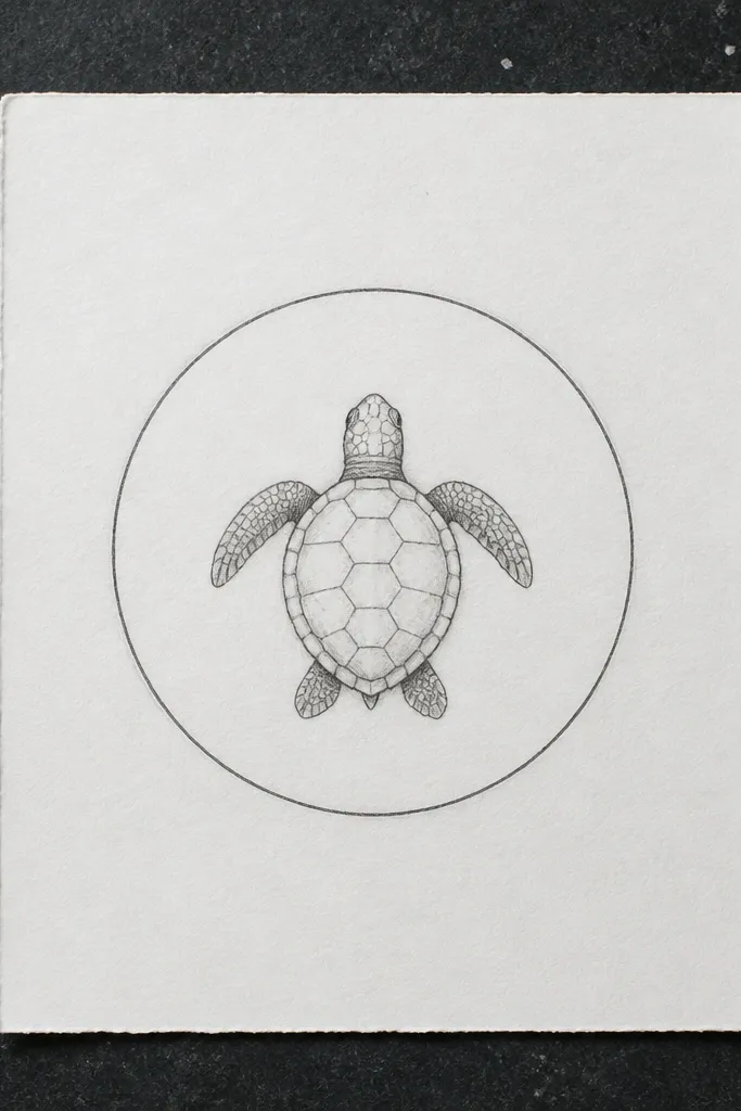 Small sea turtle centered inside a circle with a few shell ridges and flippers.