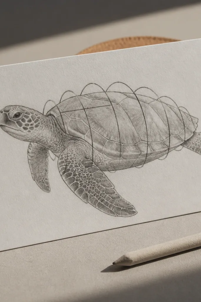 Sea turtle drawing with curved cross-section lines on the shell and simple shading.