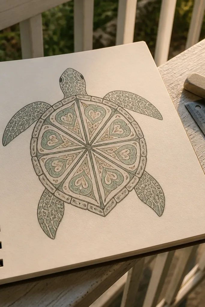 Sea turtle with a shell divided into eight simple curved segments and light symmetry lines.