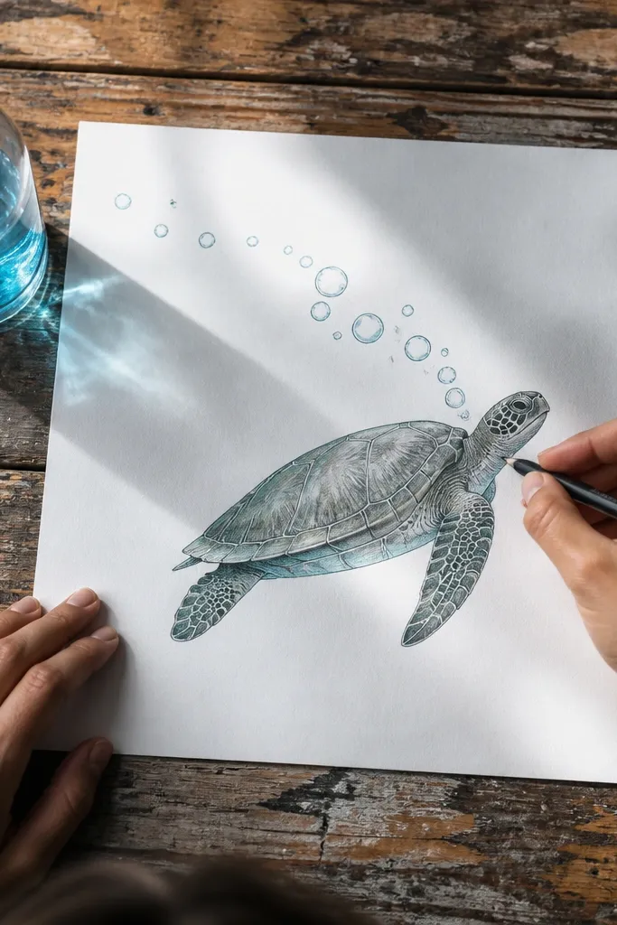 Sea turtle with a trail of bubbles behind it and a few simple shell ridges.
