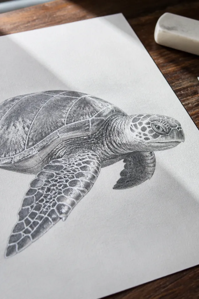 Pencil sea turtle with hard-edged highlights on the shell and flippers.