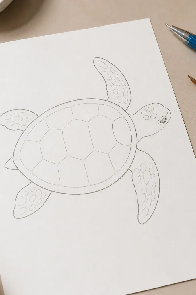 Sea turtle drawn with only curved lines, minimal straight edges, and simple shell ridges.