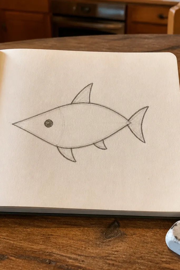 Simple side-view shark with a triangle snout, teardrop body, and two fins