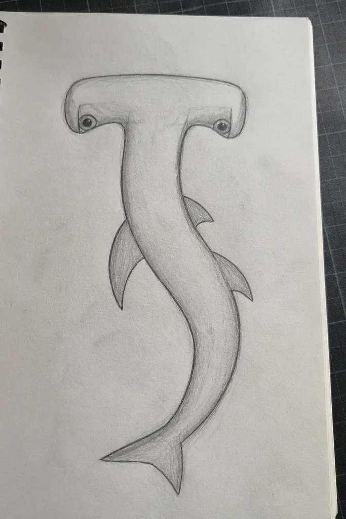 Hammerhead shark with a blocky head made from a C shape and a simple tail