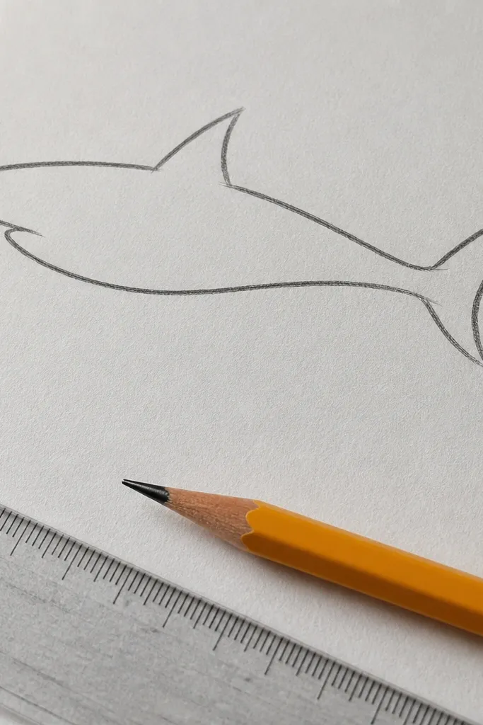 Minimal great white sketch with three smooth curves for body, jaw, and tail
