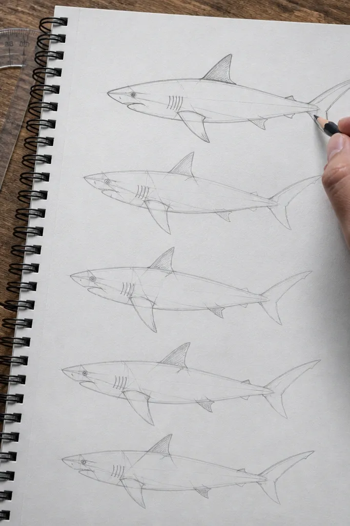 Shark practice page showing multiple fin triangles at different angles