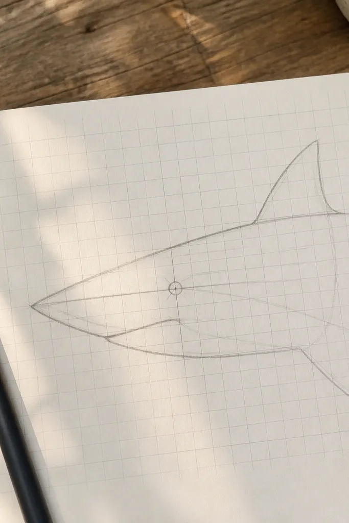 Shark face with a simple grid and two reference lines for eye placement