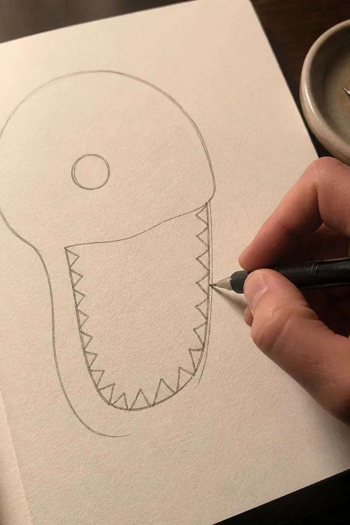 Shark with open mouth drawn using a U shaped jaw and simple teeth lines