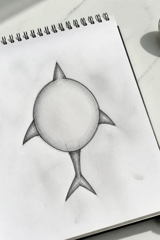Top-down shark view with a circle body, small tail, and two fins