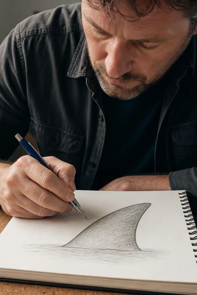 Single shark fin sketch with three repeating texture line strokes