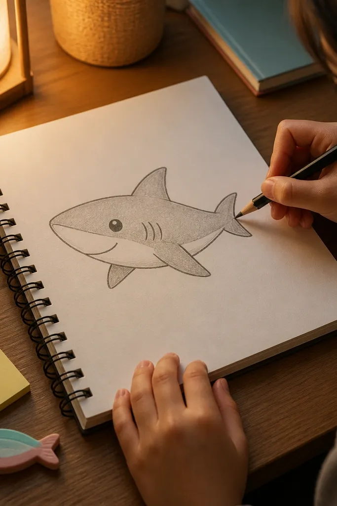 Friendly cartoon shark with a big eye and a simple curved smile jaw
