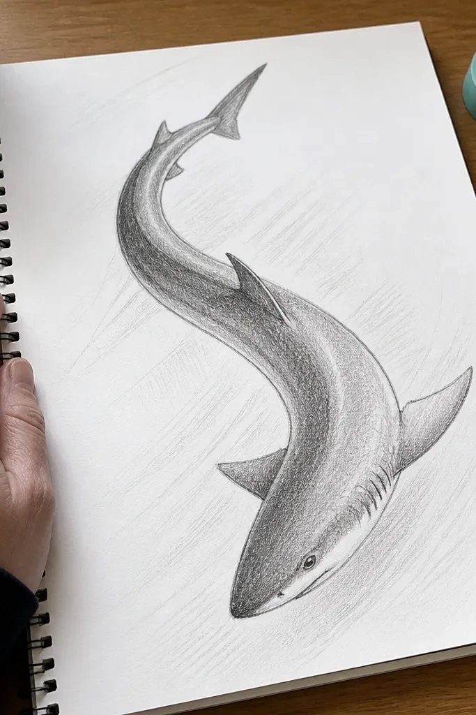 Shark swimming with an S-curve body and a tail drawn as a simple triangle