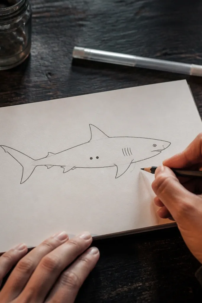 Shark outline with two simple spots on the body and clean fin triangles