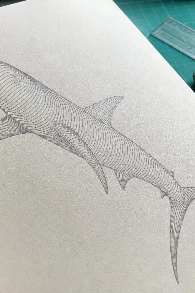 Shark body outline with simple panel-like line rows on the skin