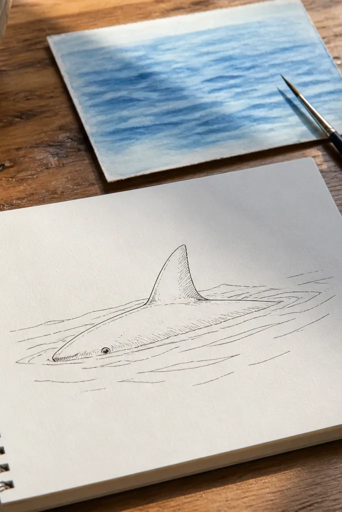 Shark fin peeking above water with three ripple lines