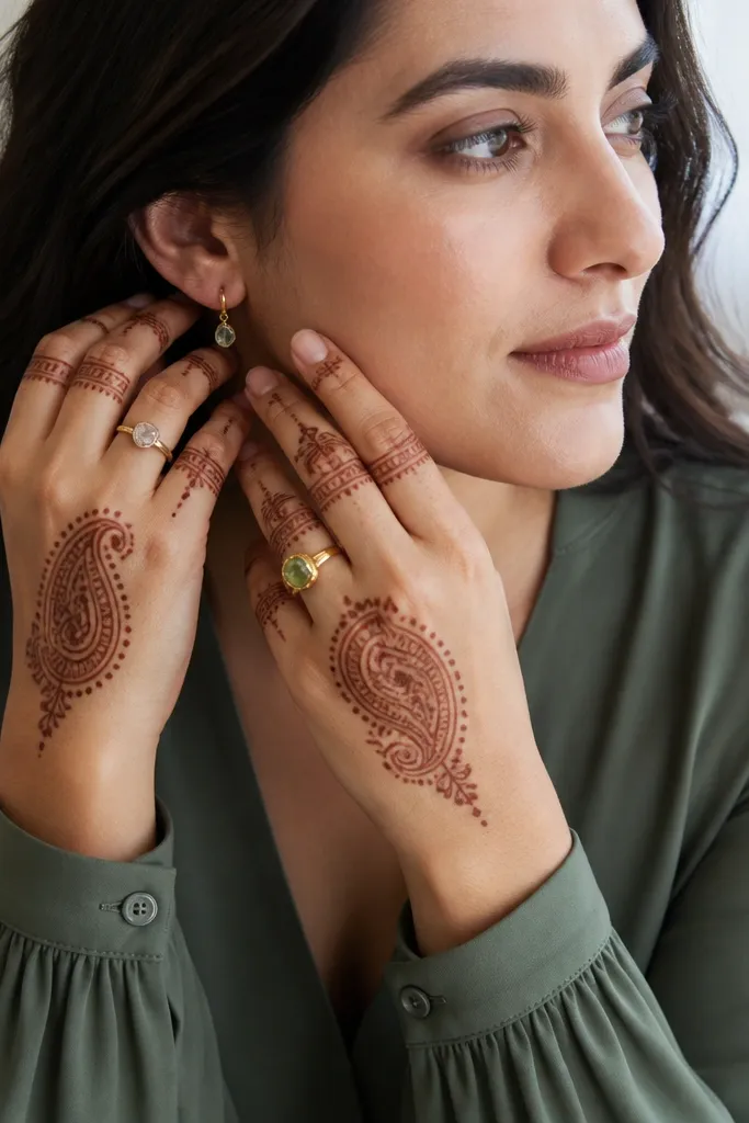 Four finger bands and one large paisley centered on the back of the hand