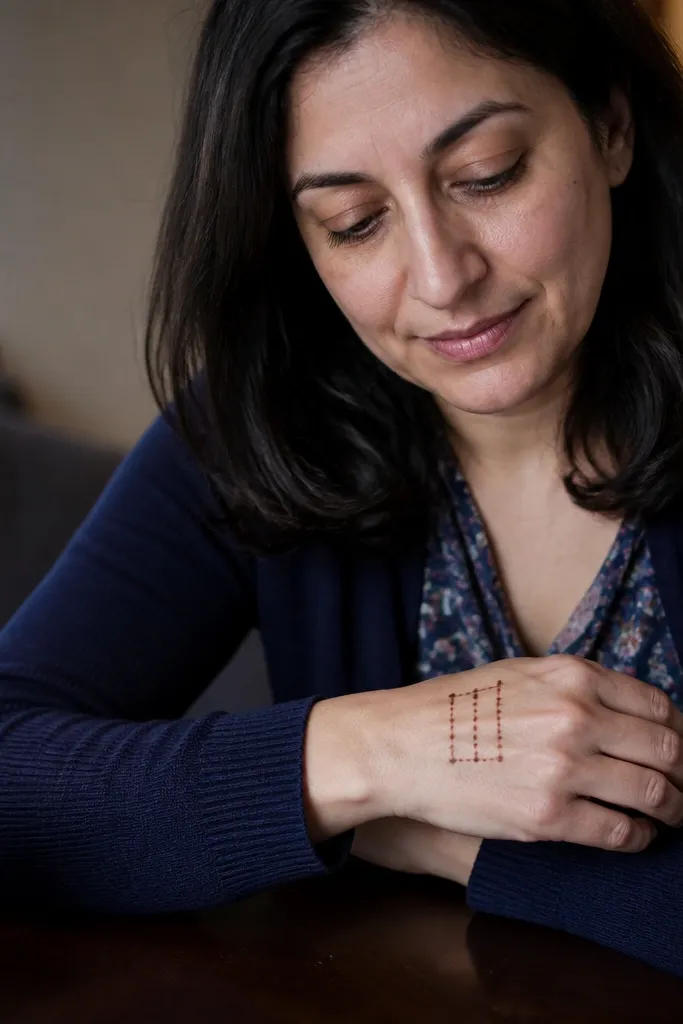Three vertical ladder lines from wrist to fingers with dots filling the spaces