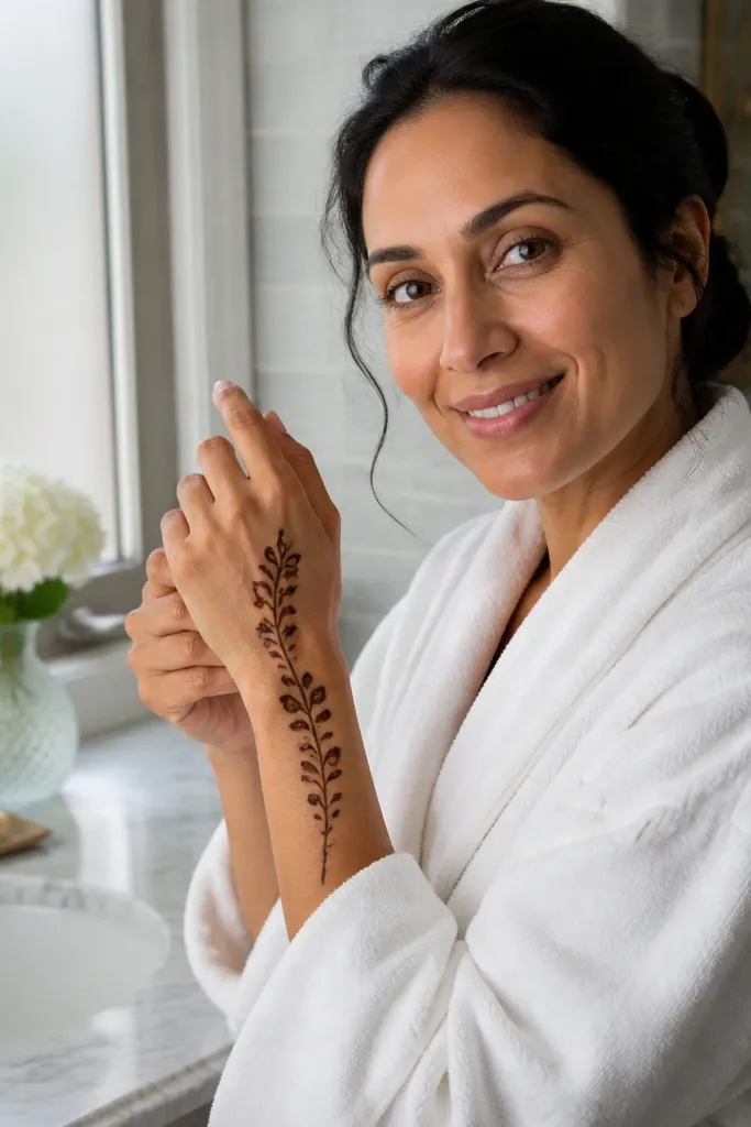 Wrist vine with three leaf clusters and small dot accents up the back of the hand
