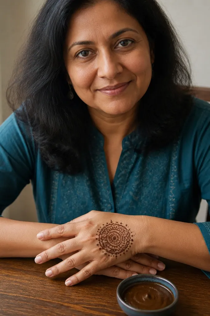 Small center mandala on back of hand with outer dots and minimal fill