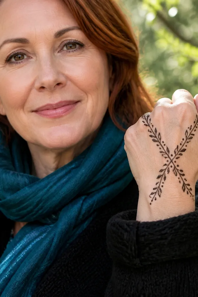 Diagonal vines crossing the back of the hand with alternating leaf and dot accents
