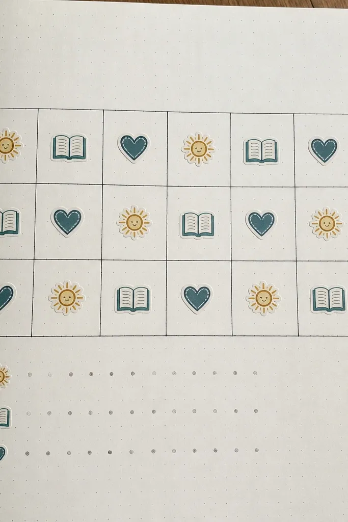 A journal page with a neat grid and small stickers filling each square