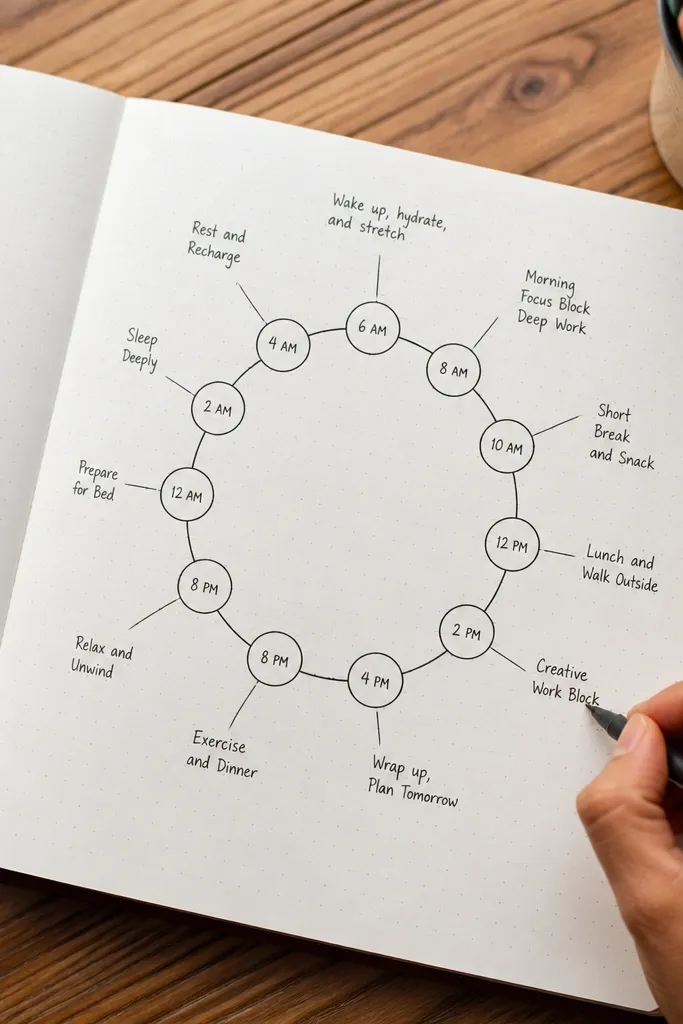 A journal page with a circle divided into segments labeled by time of day