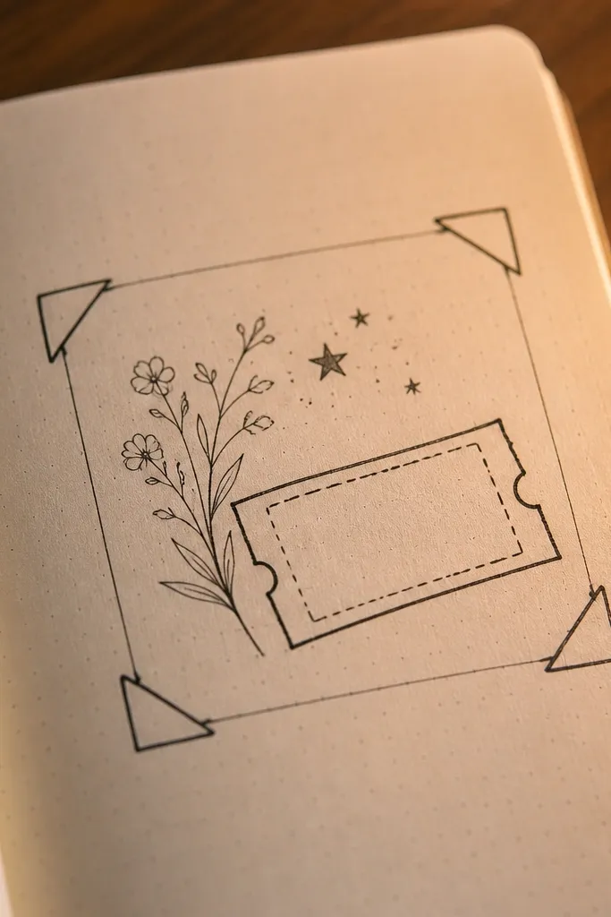 A journal page with a corner frame drawn in pen and filled with notes