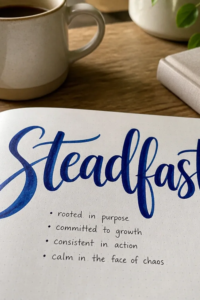 A journal page with one large hand-lettered word and a small list below