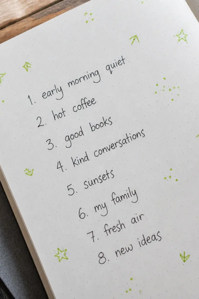 A journal page with small stencil-style doodles in one accent color around text