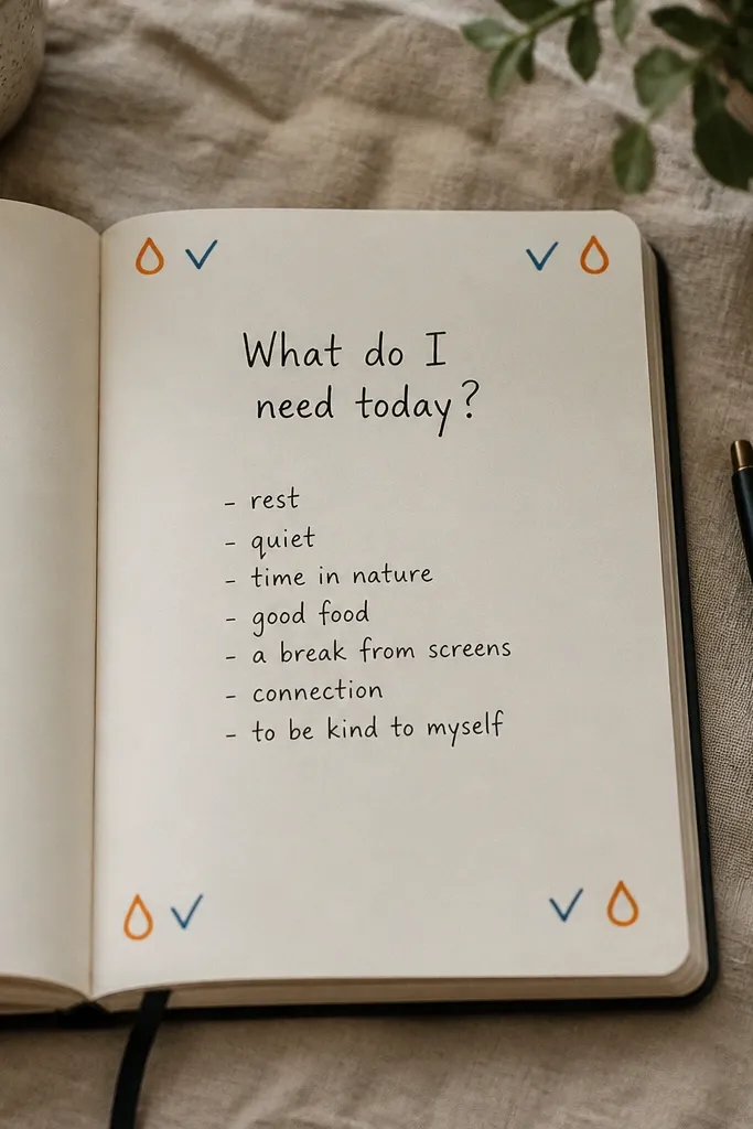 A journal page with a centered question and small icons in the corners