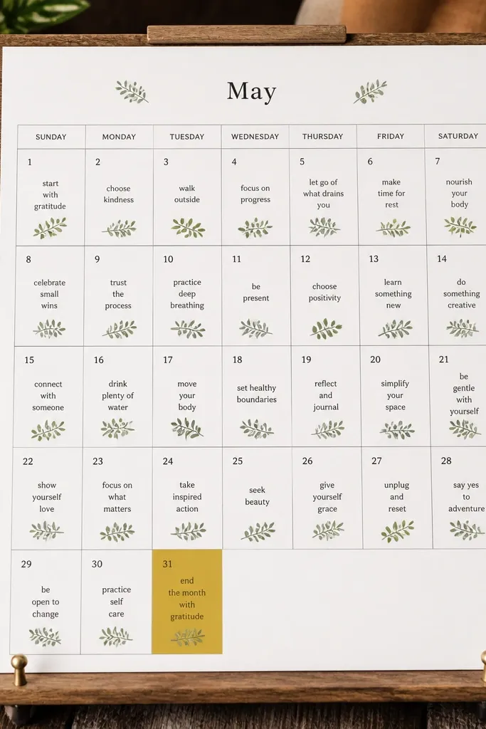 A monthly journal page made of small boxes labeled with growth notes