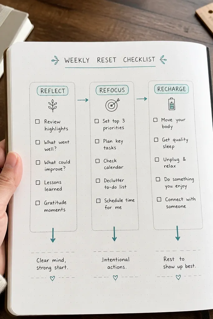 A journal page with checklist boxes and arrowed sections pointing down