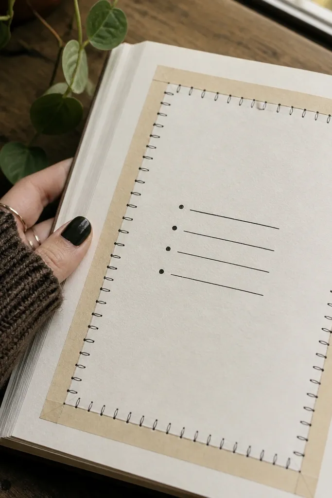 A journal page with a stitched border made from tape and drawn thread lines