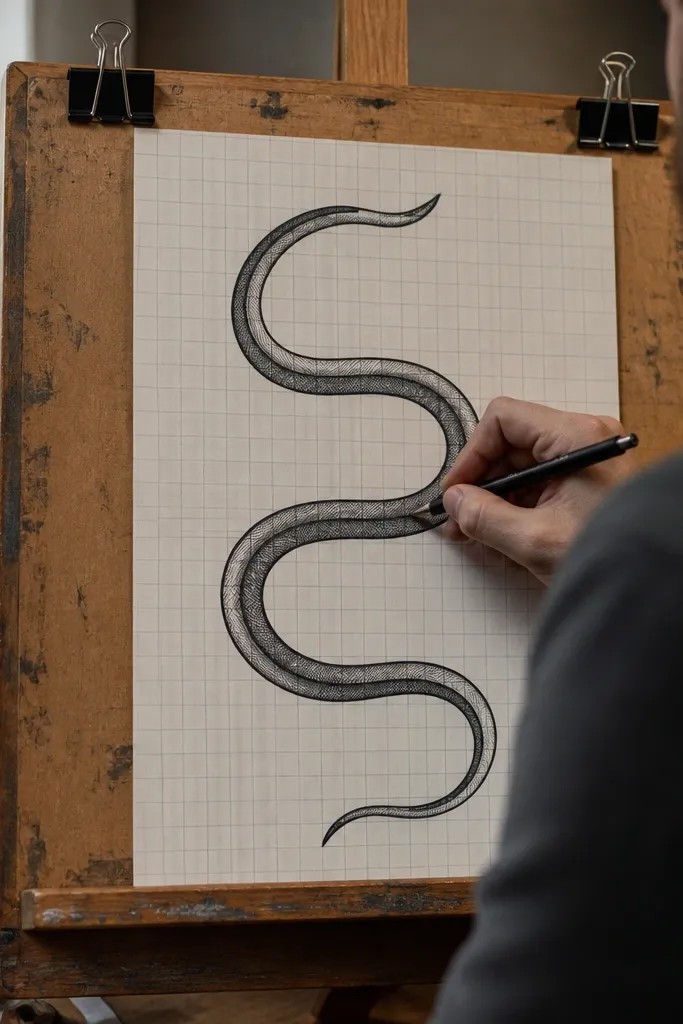Grid-based snake drawn in an S curve with simple stripes