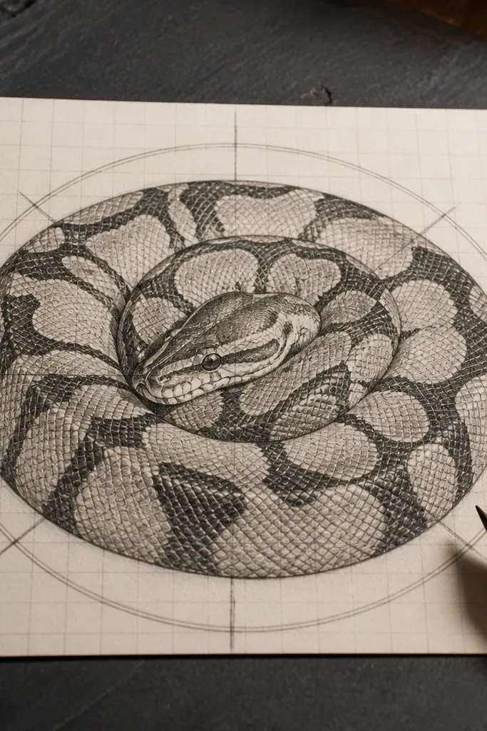 Coiled snake circle with simple bands and a small head