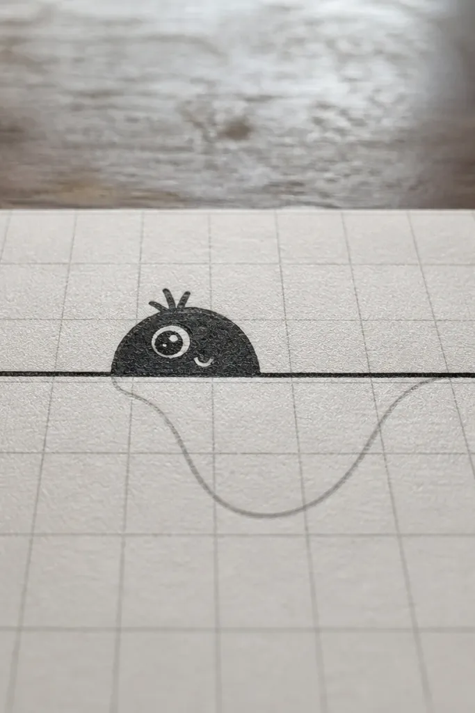Snake head peeking from behind a wavy line on grid paper