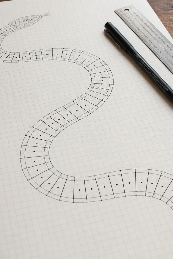 Long stretching snake with ladder-like segments on a grid